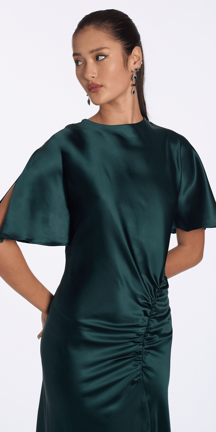 Camille La Vie Satin Jewel Neck Flutter Sleeve Column Dress with Side Slit