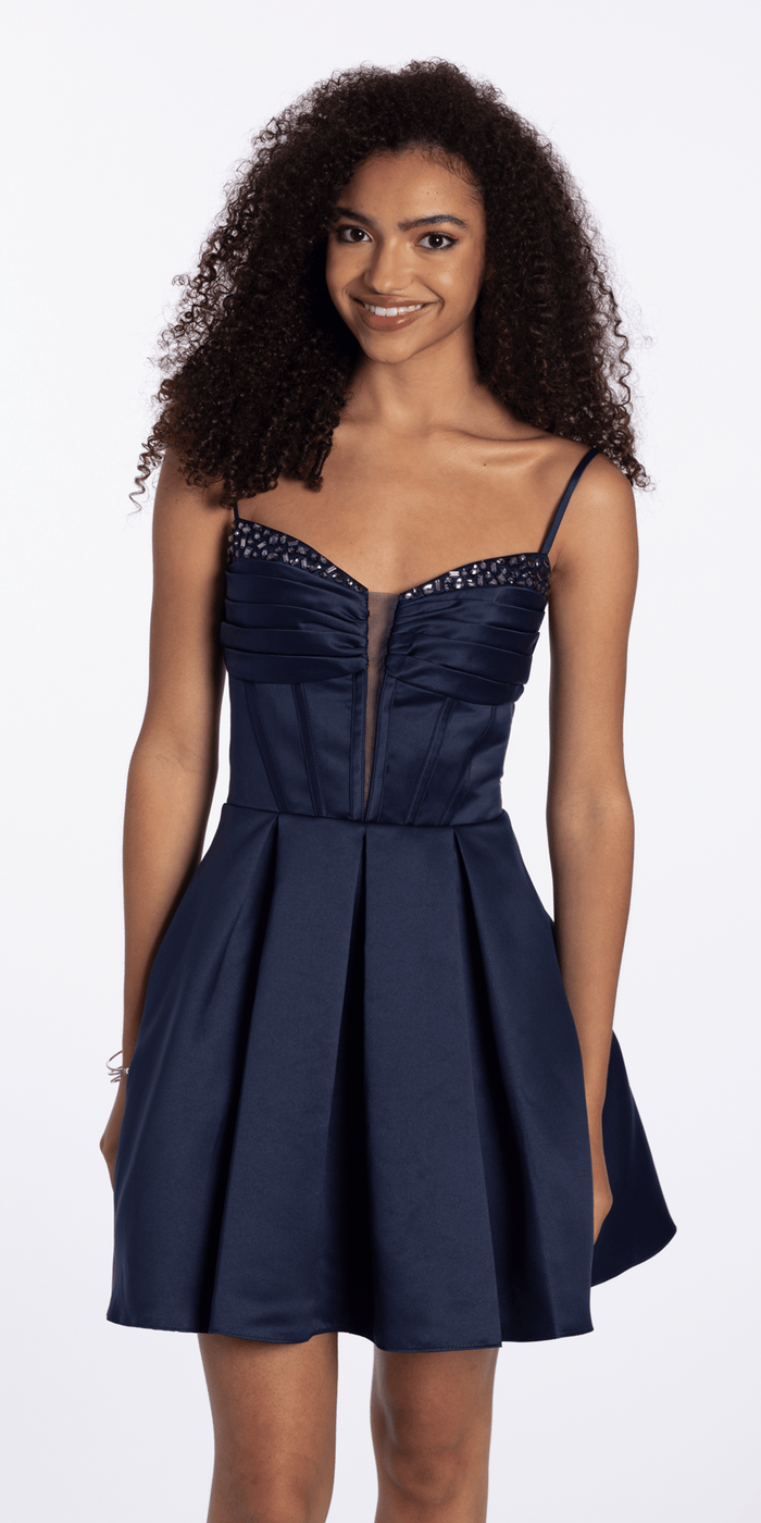 navy/size/4/missy/Camille La Vie /Satin Pleated Plunge Gemstone Fit and Flare Dress/front