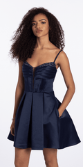 navy/size/4/missy/Camille La Vie /Satin Pleated Plunge Gemstone Fit and Flare Dress/front alt
