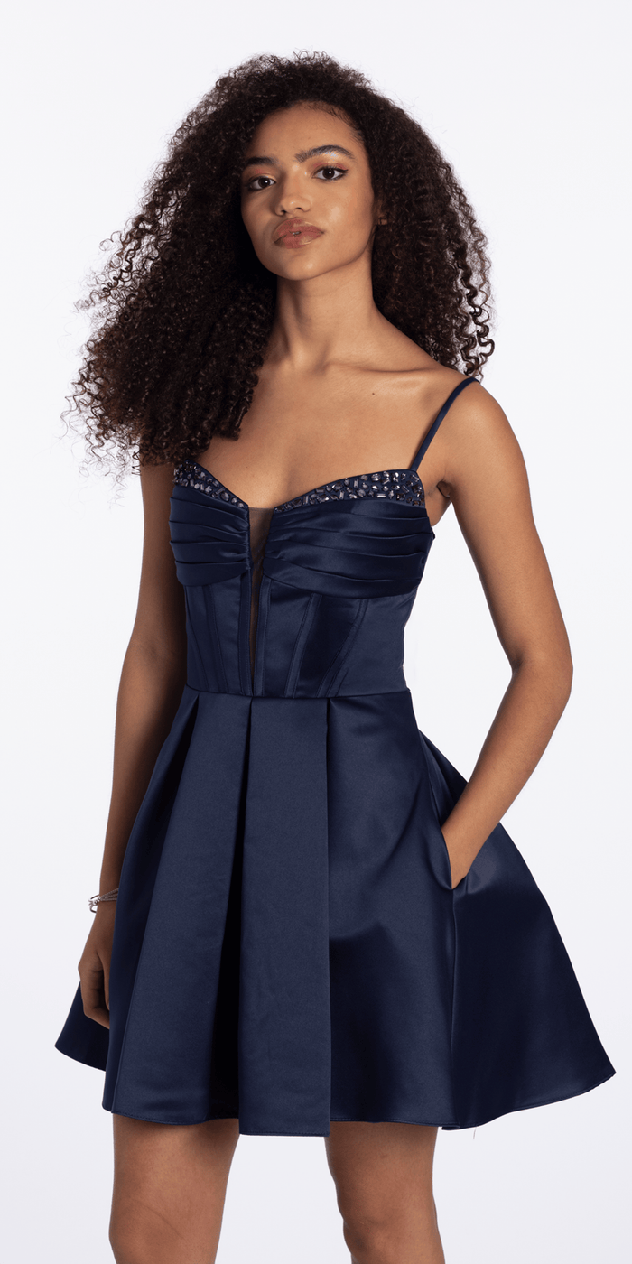 navy/size/4/missy/Camille La Vie /Satin Pleated Plunge Gemstone Fit and Flare Dress/front alt