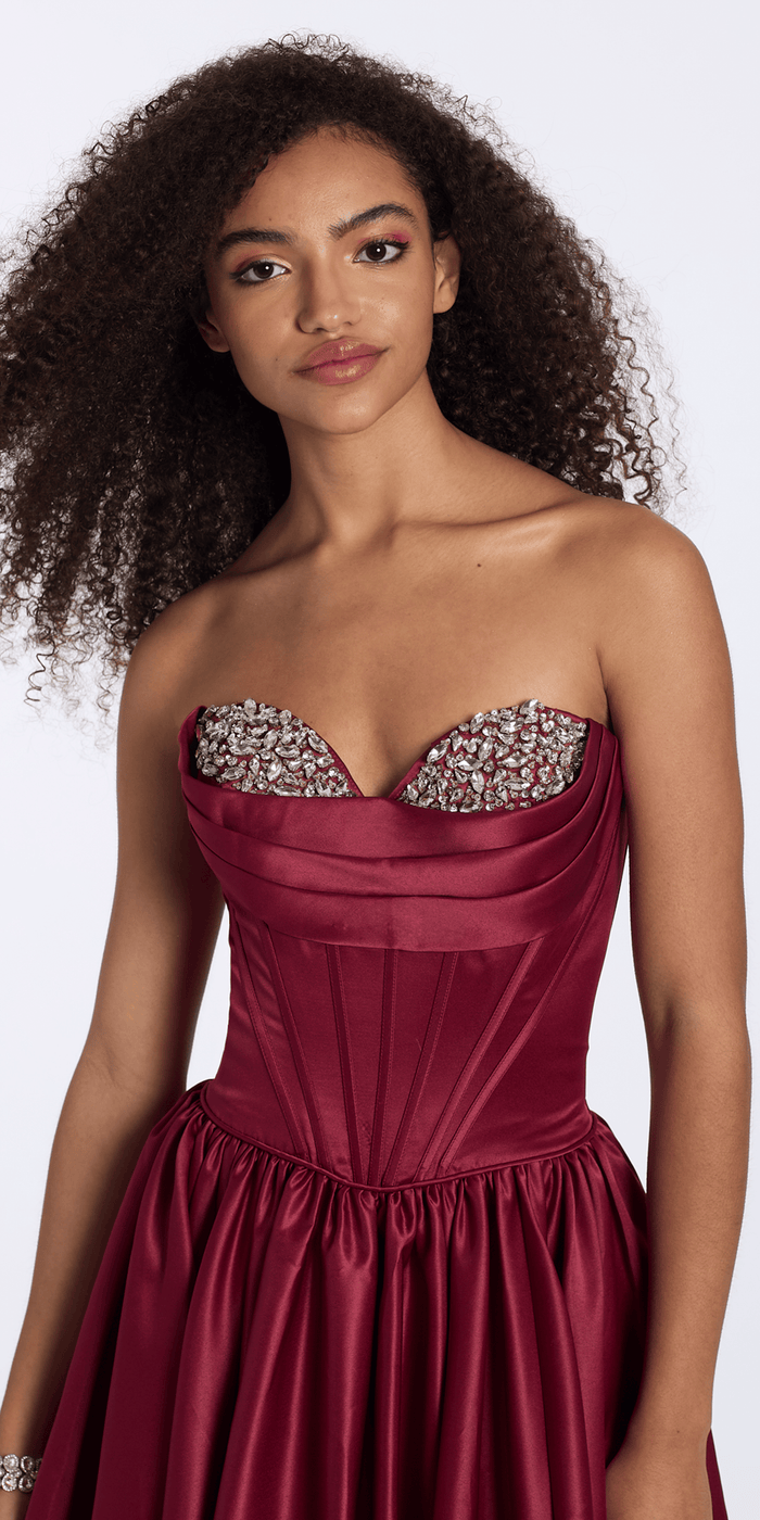 wine/size/2/missy/Camille La Vie/Satin Rhinestone Strapless Corset Ballgown with Bubble Hem/close up alt