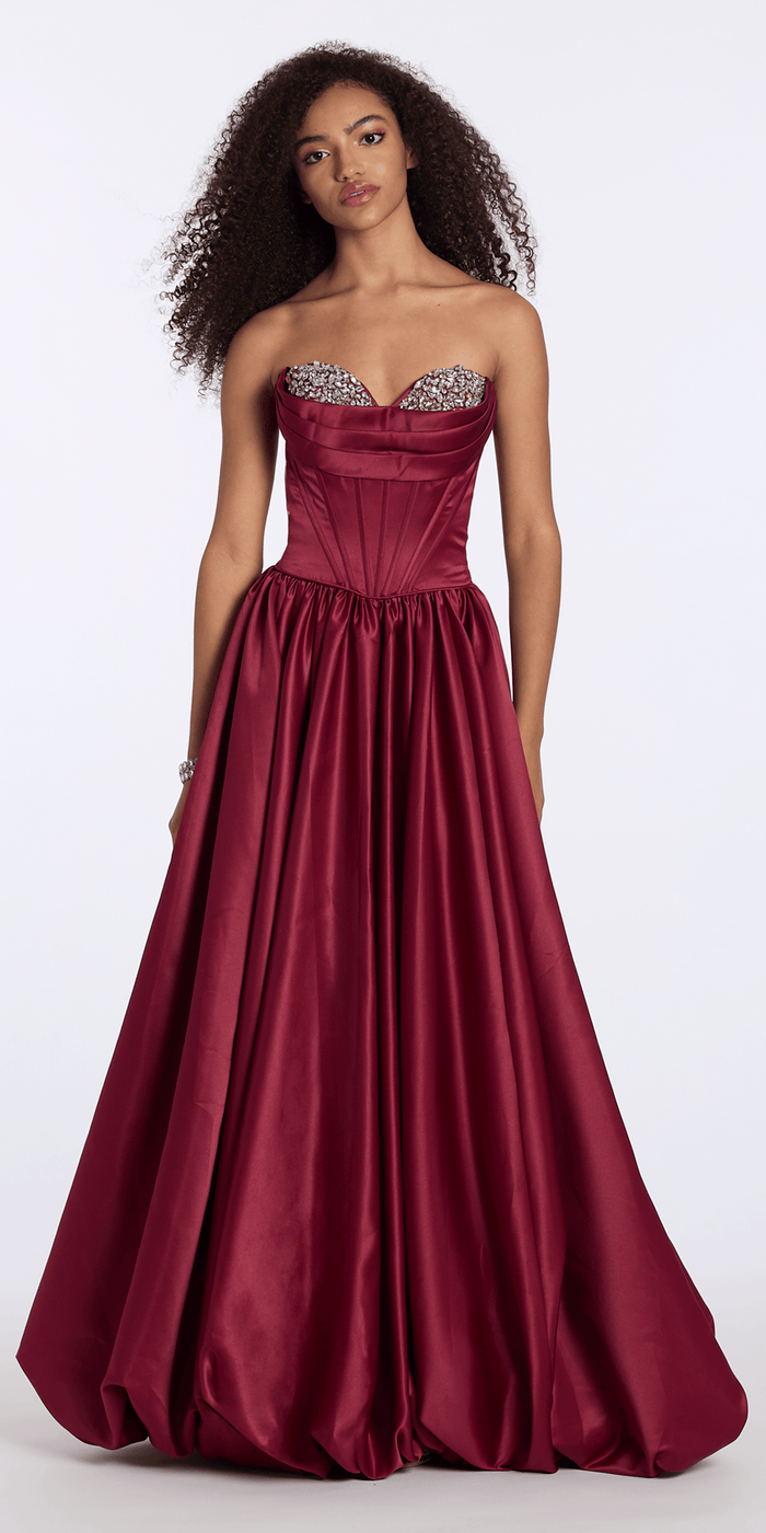 wine/size/2/missy/Camille La Vie/Satin Rhinestone Strapless Corset Ballgown with Bubble Hem/front