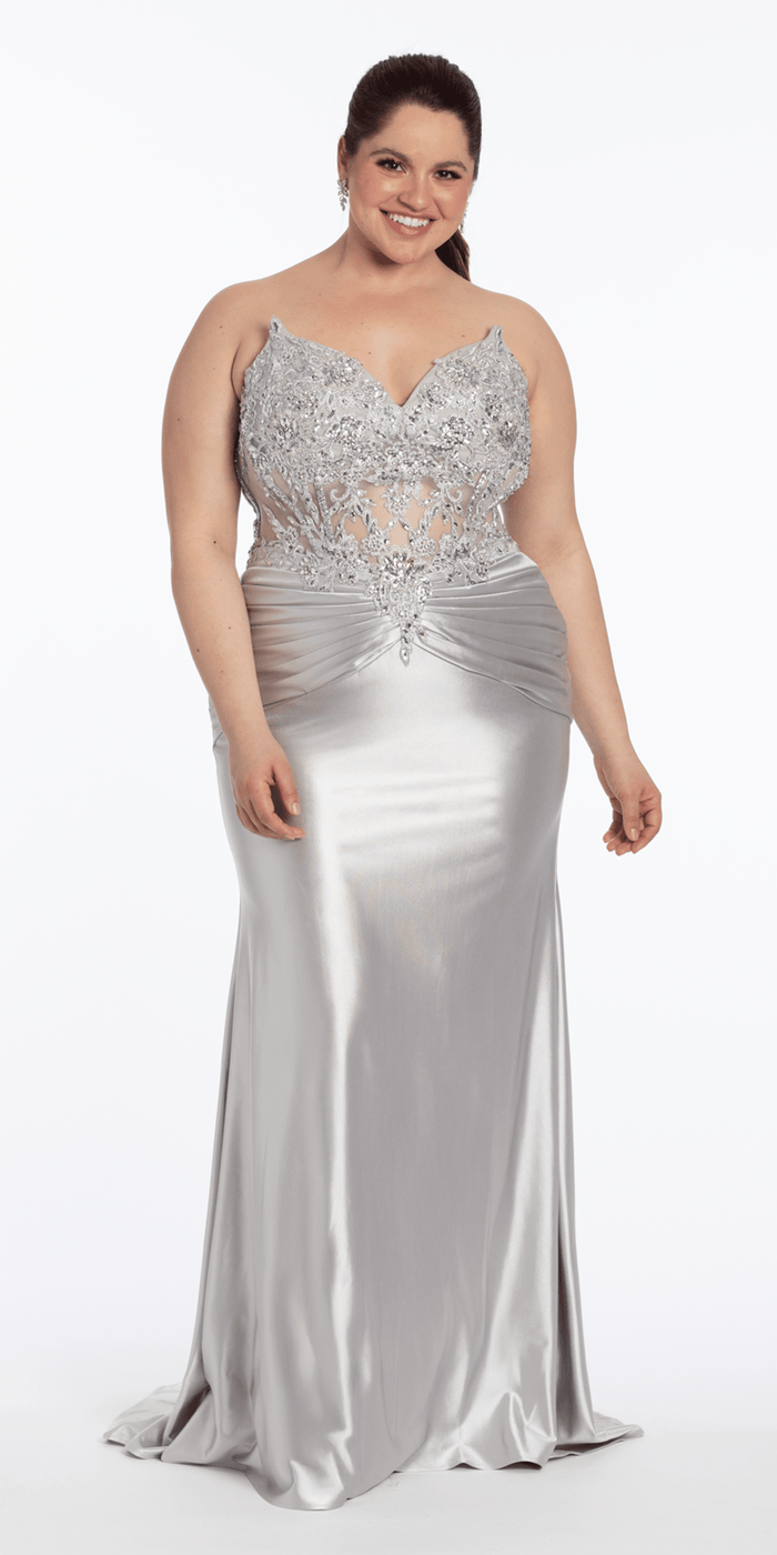 silver/size/14/plus/Camille La Vie/Satin Strapless Sweetheart Embroidered Corset Column Dress /front