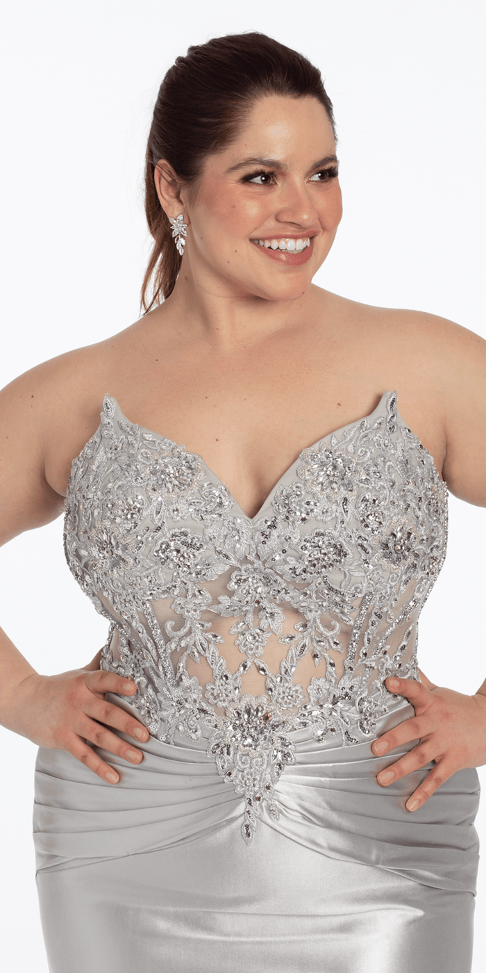 silver/size/14/plus/Camille La Vie/Satin Strapless Sweetheart Embroidered Corset Column Dress /close up