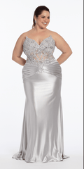 silver/size/14/plus/Camille La Vie/Satin Strapless Sweetheart Embroidered Corset Column Dress /front alt
