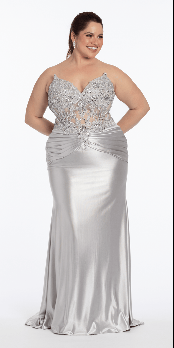 silver/size/14/plus/Camille La Vie/Satin Strapless Sweetheart Embroidered Corset Column Dress /front alt