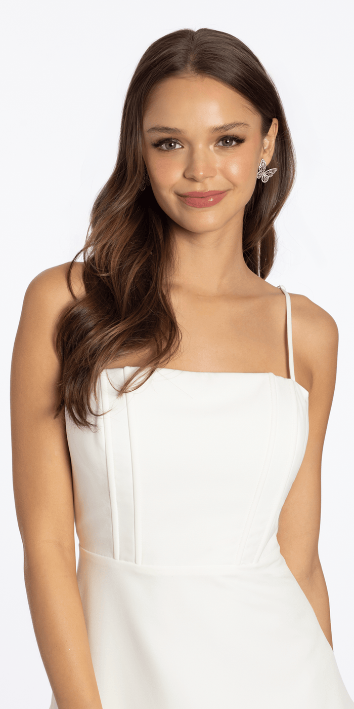ivory/size/s/ missy/Camille La Vie/Satin Tie Back Crepe Dress with Asymmetrical Tiered Hem Dress/close up