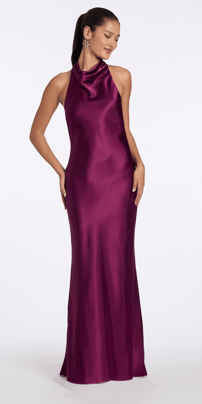 Camille La Vie Satin Tie Back Halter Column Dress