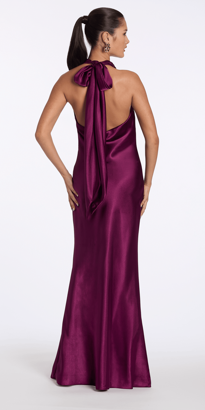 Camille La Vie Satin Tie Back Halter Column Dress