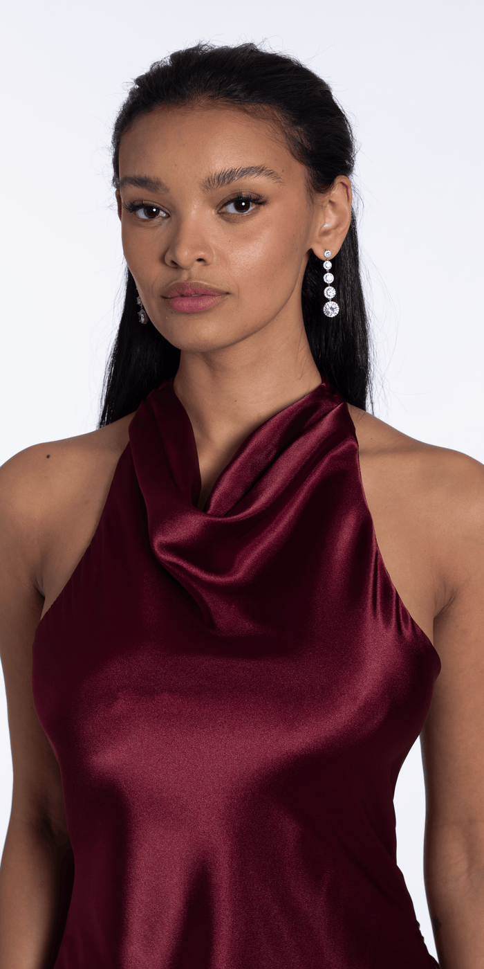 burgundy/size/4/missy/Camille La Vie/Satin Tie Back Halter Column Dress/close up