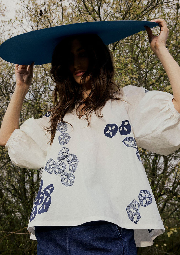 Seed Block Print Cotton Top | Rich Blue/White