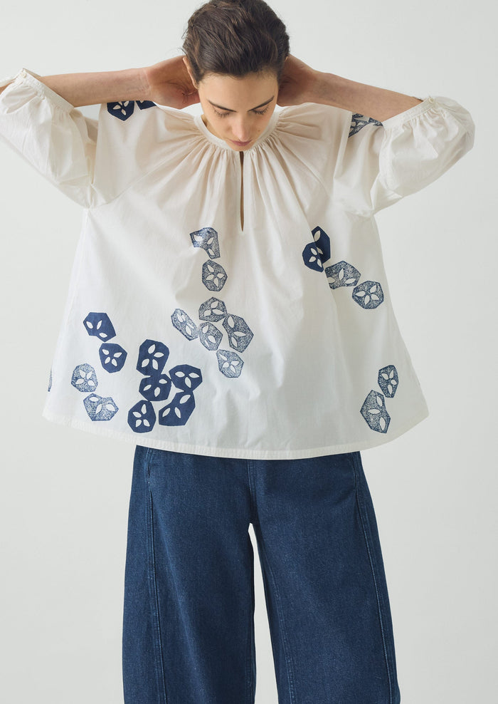 Seed Block Print Cotton Top | Rich Blue/White