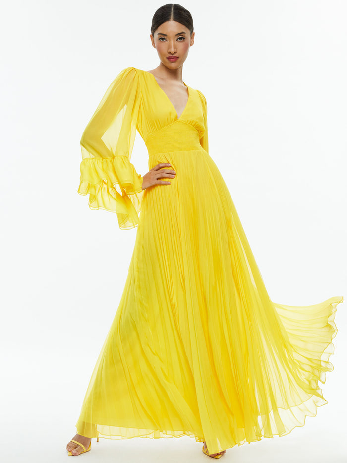 SELENE DEEP V NECK PLEATED MAXI DRESS - HAPPY YELLOW