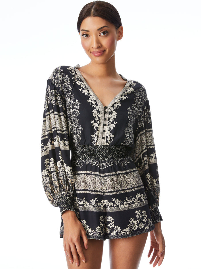 SENNA SMOCKED WAIST ROMPER - BLOCK ART BLACK MULTI