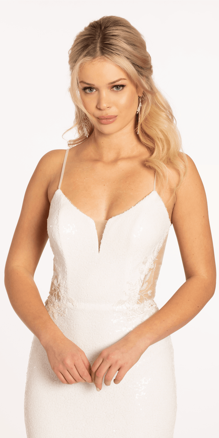 ivory/size/4/missy/Camille La Vie/Sequin Embellished Plunge Trumpet Dress with Keyhole Back/close up 2