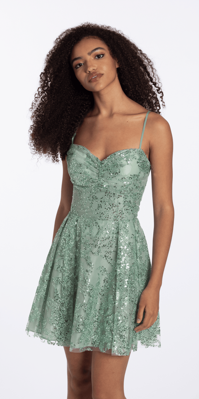 sage/size/4/missy/Camille La Vie/Sequin Glitter Mesh Pinched Sweetheart Fit and Flare Dress/front
