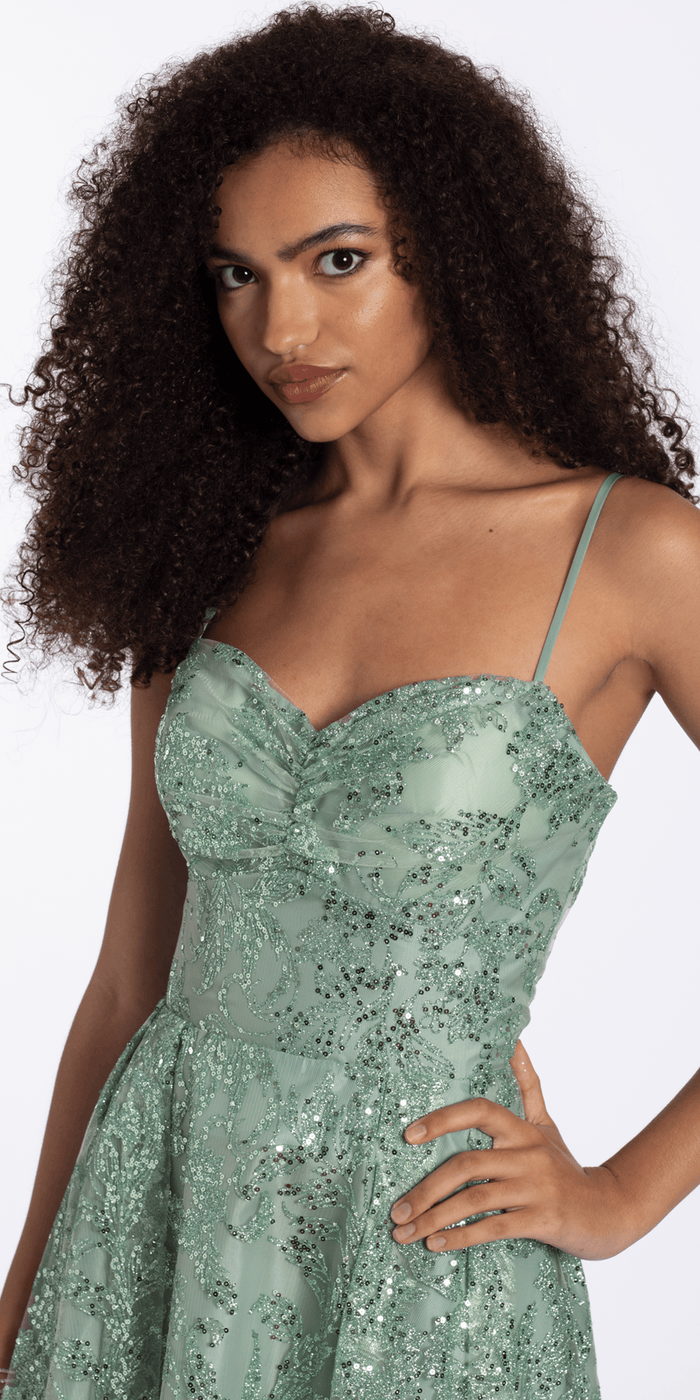 sage/size/4/missy/Camille La Vie/Sequin Glitter Mesh Pinched Sweetheart Fit and Flare Dress/close up