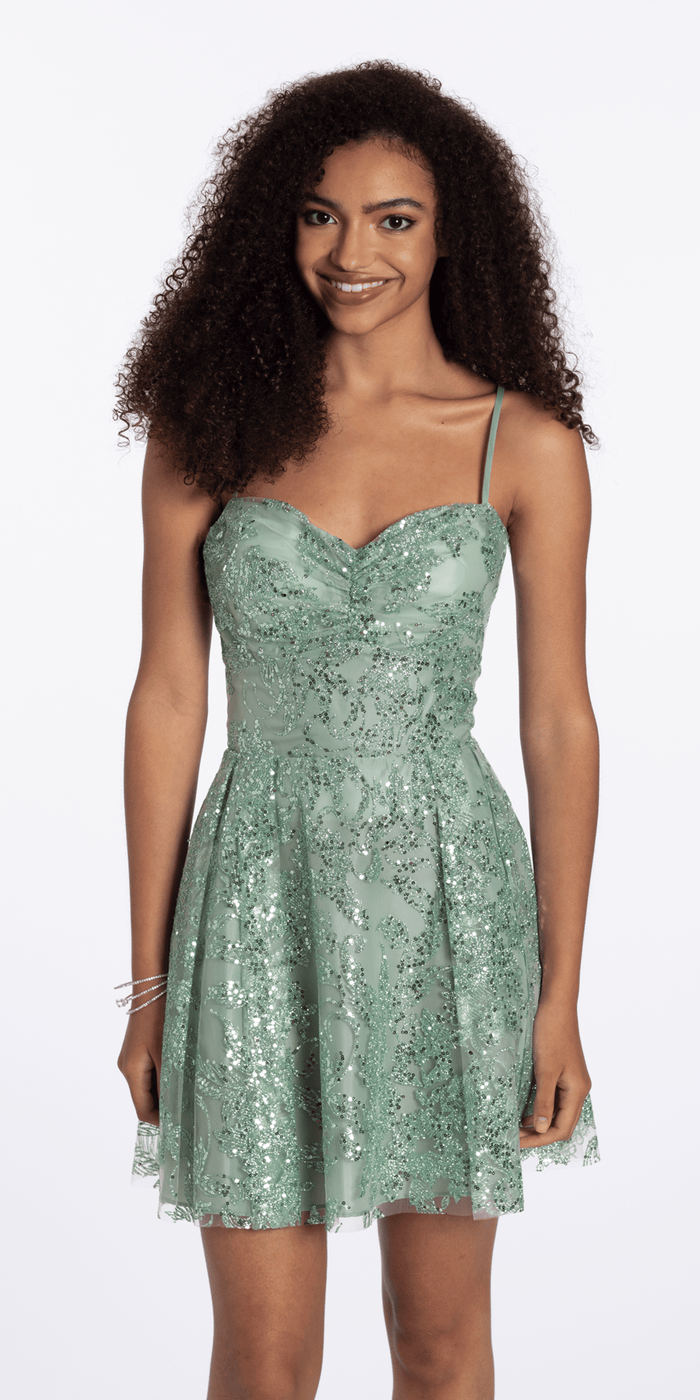 sage/size/4/missy/Camille La Vie/Sequin Glitter Mesh Pinched Sweetheart Fit and Flare Dress/front alt