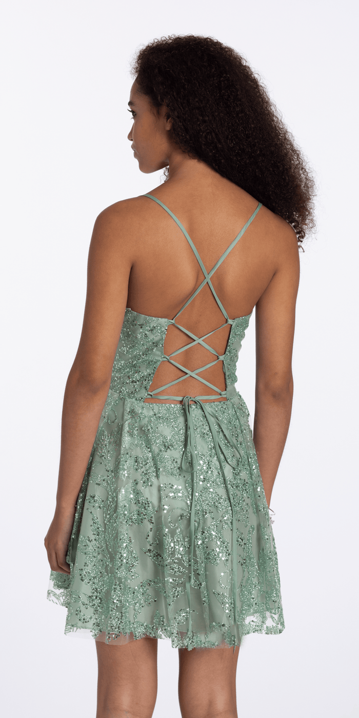 sage/size/4/missy/Camille La Vie/Sequin Glitter Mesh Pinched Sweetheart Fit and Flare Dress/back