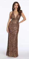 mocha/size/4/ missy/Camille La Vie/Sequin Halter Tie Back Column Dress/front