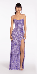 lavendar/size/4/missy/Camille La Vie/Sequin Mesh Lace Up Column Dress with Side Slit/front