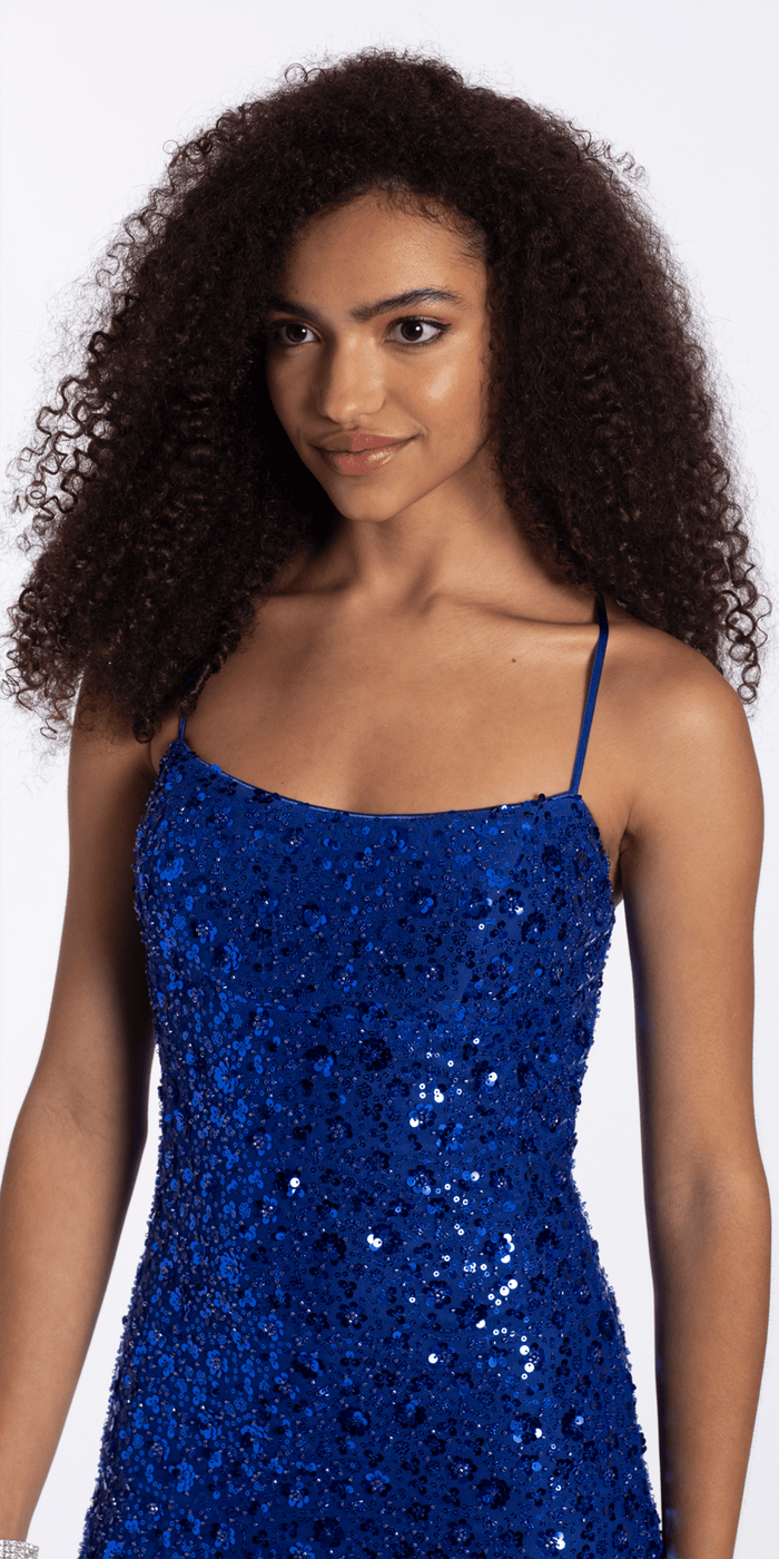 blue/size/s/missy/Camille La Vie/ Sequin Mesh Strappy Scoop Back Bodycon Dress/close up