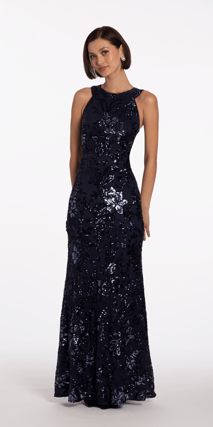 navy/size/4/missy/Camille La Vie/Sequin Racer Floral Sequin Halter Column Dress/front