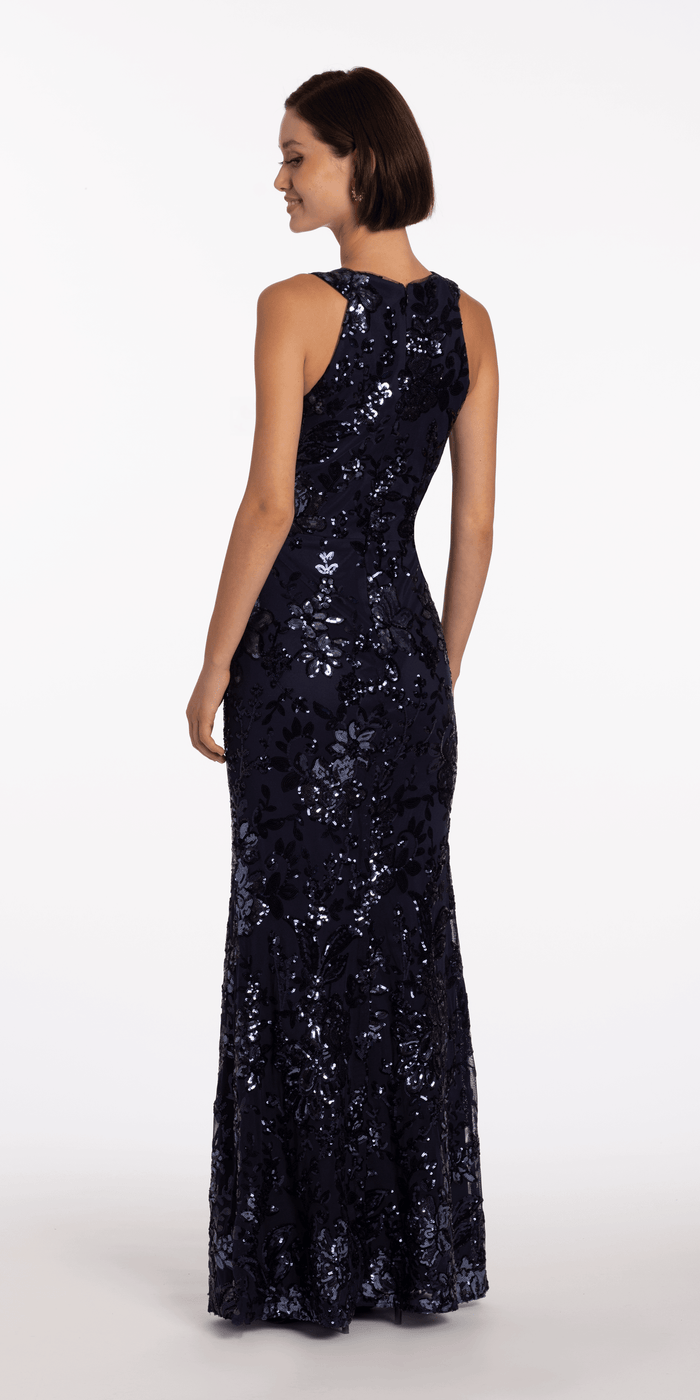 navy/size/4/missy/Camille La Vie/Sequin Racer Floral Sequin Halter Column Dress/back