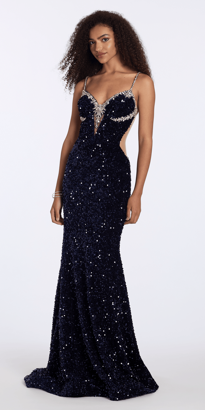 navy/size/4/missy/Camille La Vie/Sequin Velvet Plunging Column Dress with Rhinestone Detail/front alt
