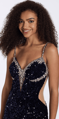 navy/size/4/missy/Camille La Vie/Sequin Velvet Plunging Column Dress with Rhinestone Detail/close up