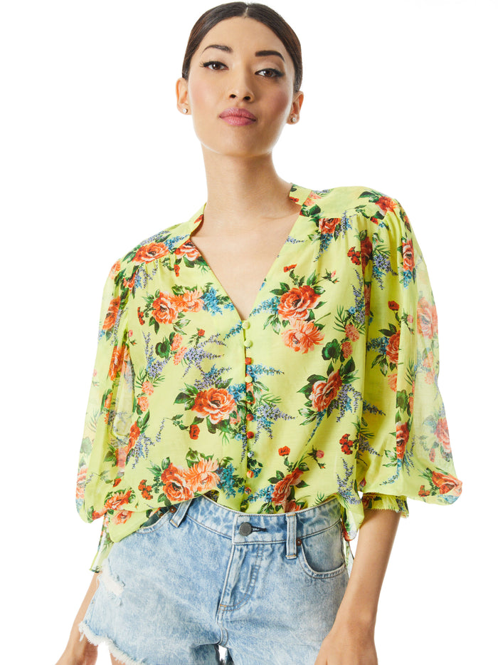 SERENA MANDARIN COLLAR BLOUSE - FLORAL EXPRESS LEMON SORBET