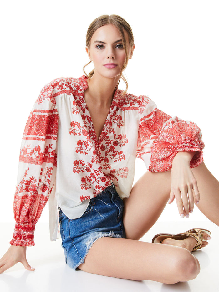 SERENA MANDARIN COLLAR BLOUSE - BLOCK ART ANTIQUE WHT MULTI