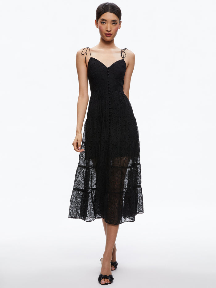SHANTI BUTTON FRONT TIERED DRESS - BLACK