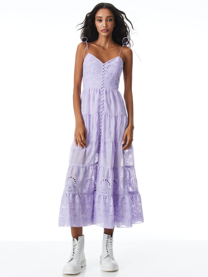 SHANTI EYELET BUTTON FRONT TIERED DRESS