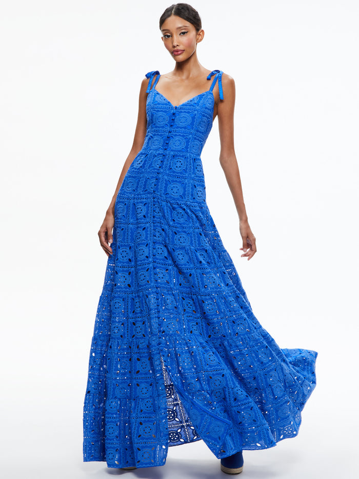 SHANTI EYELET BUTTON FRONT TIERED DRESS - SAPPHIRE