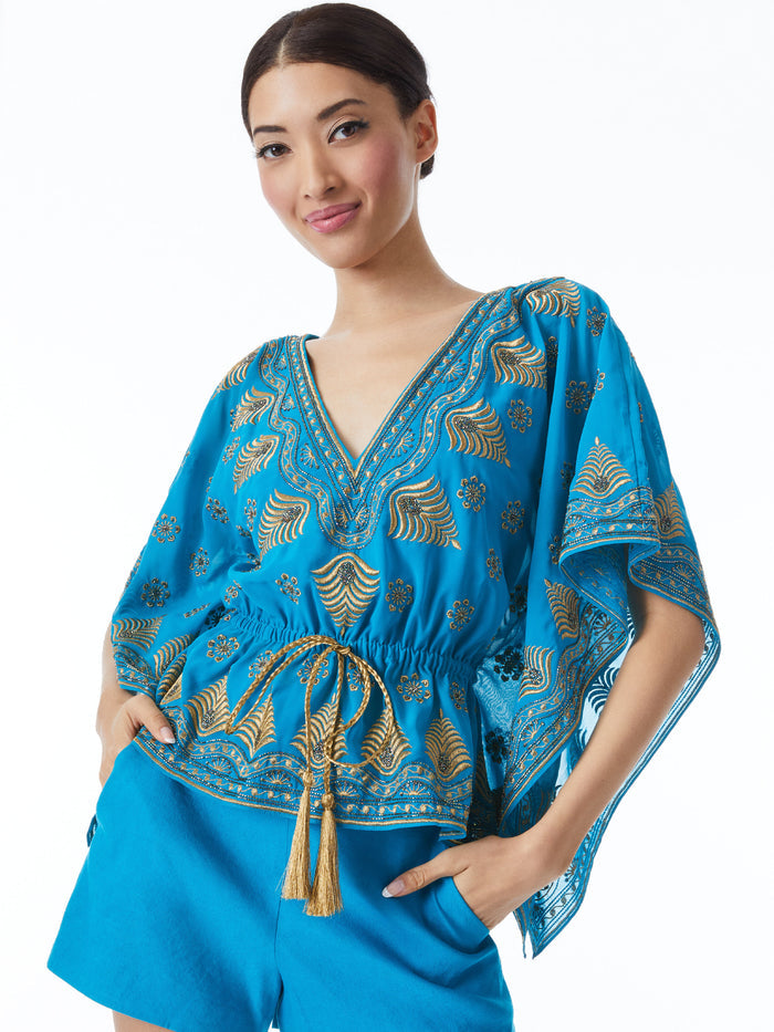 SHARITA DRAWSTRING EMBELLISHED KAFTAN - OCEAN BLUE/GOLD