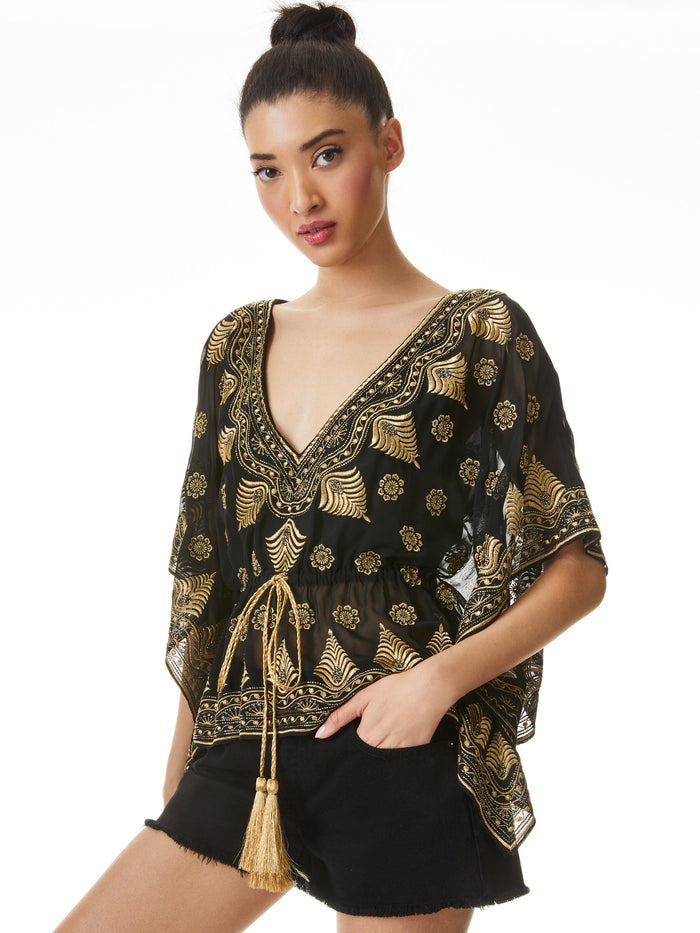 SHARITA EMBELLISHED CAFTAN TOP - BLACK/GOLD