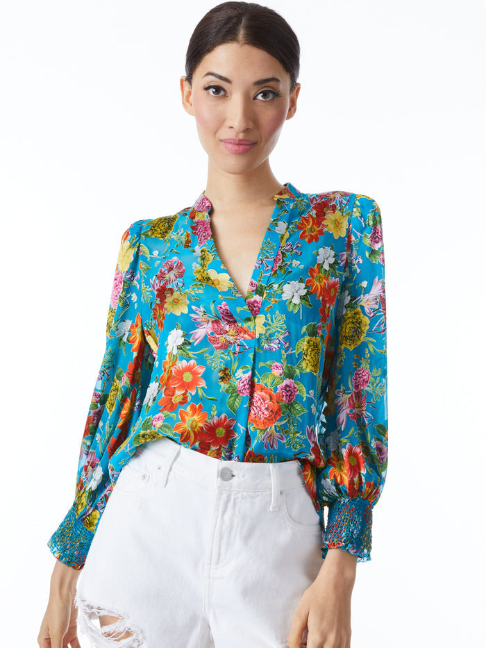 SHEILA BALLOON SLEEVE HENLEY TOP - SUMMER BLISS