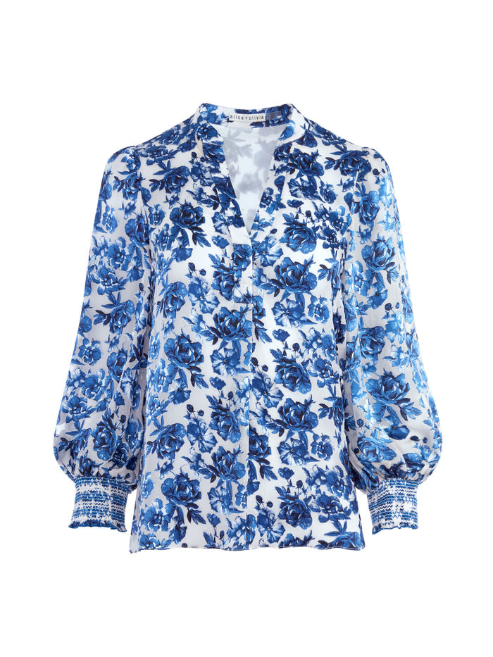 SHEILA FLORAL HENLEY TOP - FORGET ME NOT LG ANTIQUE WHITE