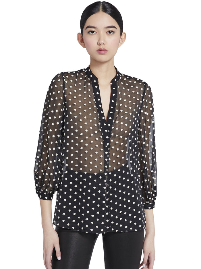 SHIELA FLORAL HENLEY TOP - BLACK/WHITE