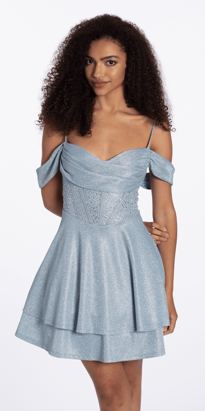 sky-blue/size/4/Camille La Vie/ Shimmer Off the Shoulder Embellished Corset Fit and Flare Dress/front
