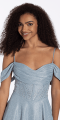 Camille La Vie Shimmer Off the Shoulder Embellished Corset Fit and Flare Dress junior / 4 / sky-blue