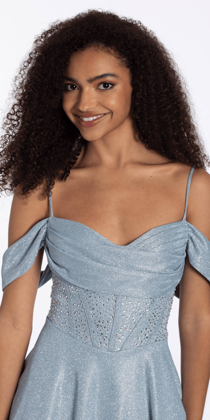 Camille La Vie Shimmer Off the Shoulder Embellished Corset Fit and Flare Dress junior / 4 / sky-blue