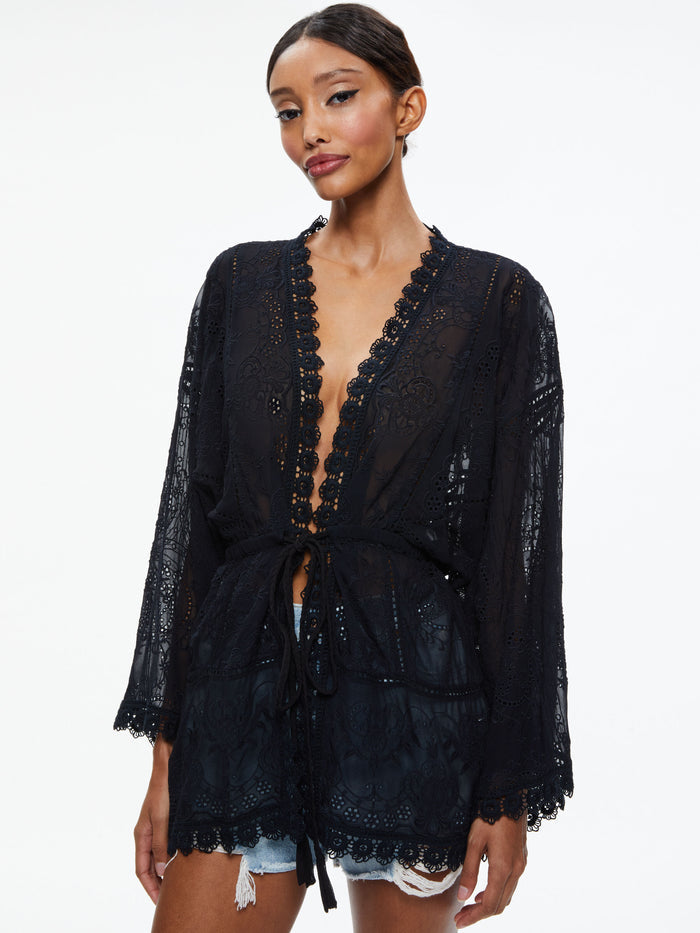 SHONA EMBROIDERED BATWING HIGH LOW BLOUSE - BLACK