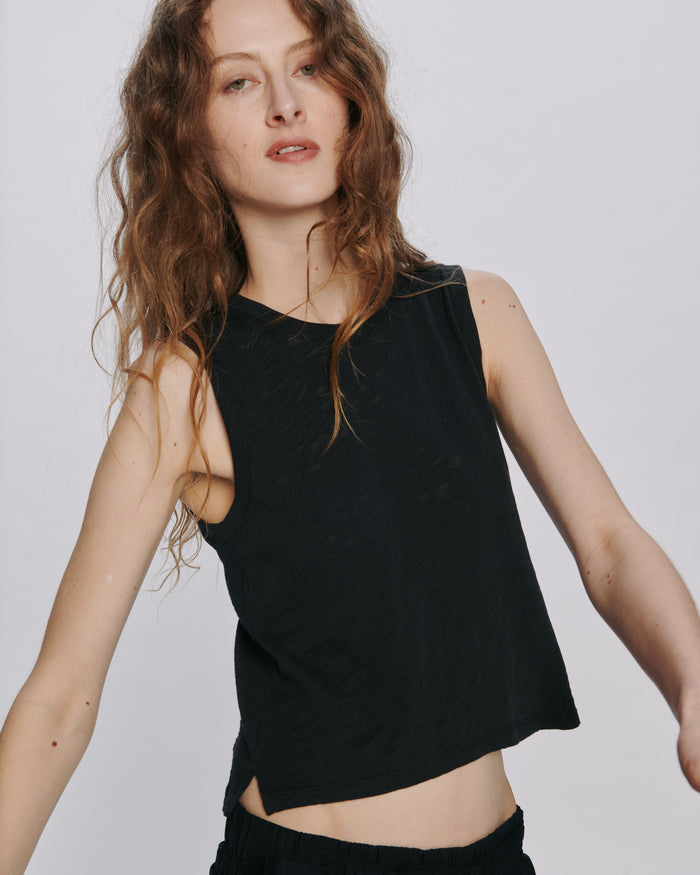 Slub Jersey Cropped Sleeveless Schoolboy Tee - Black