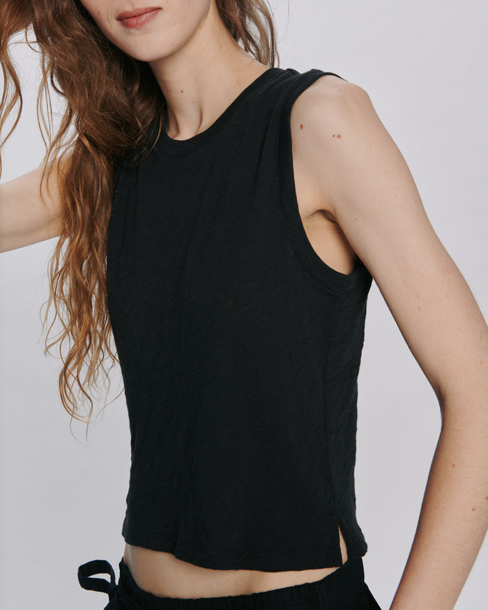 Slub Jersey Cropped Sleeveless Schoolboy Tee - Black