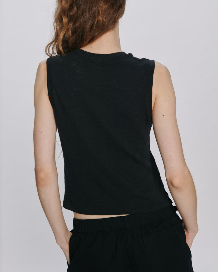 Slub Jersey Cropped Sleeveless Schoolboy Tee - Black