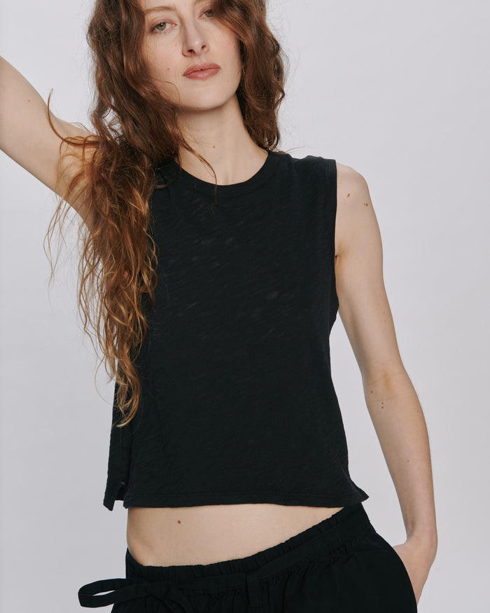 Slub Jersey Cropped Sleeveless Schoolboy Tee - Black