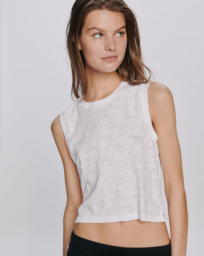 Slub Jersey Cropped Sleeveless Schoolboy Tee - White