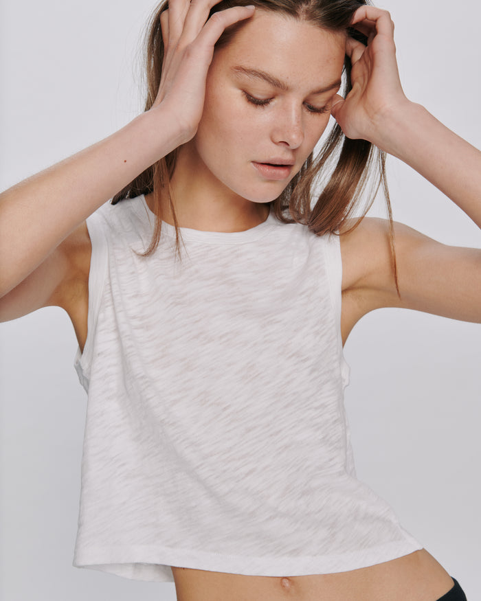 Slub Jersey Cropped Sleeveless Schoolboy Tee - White